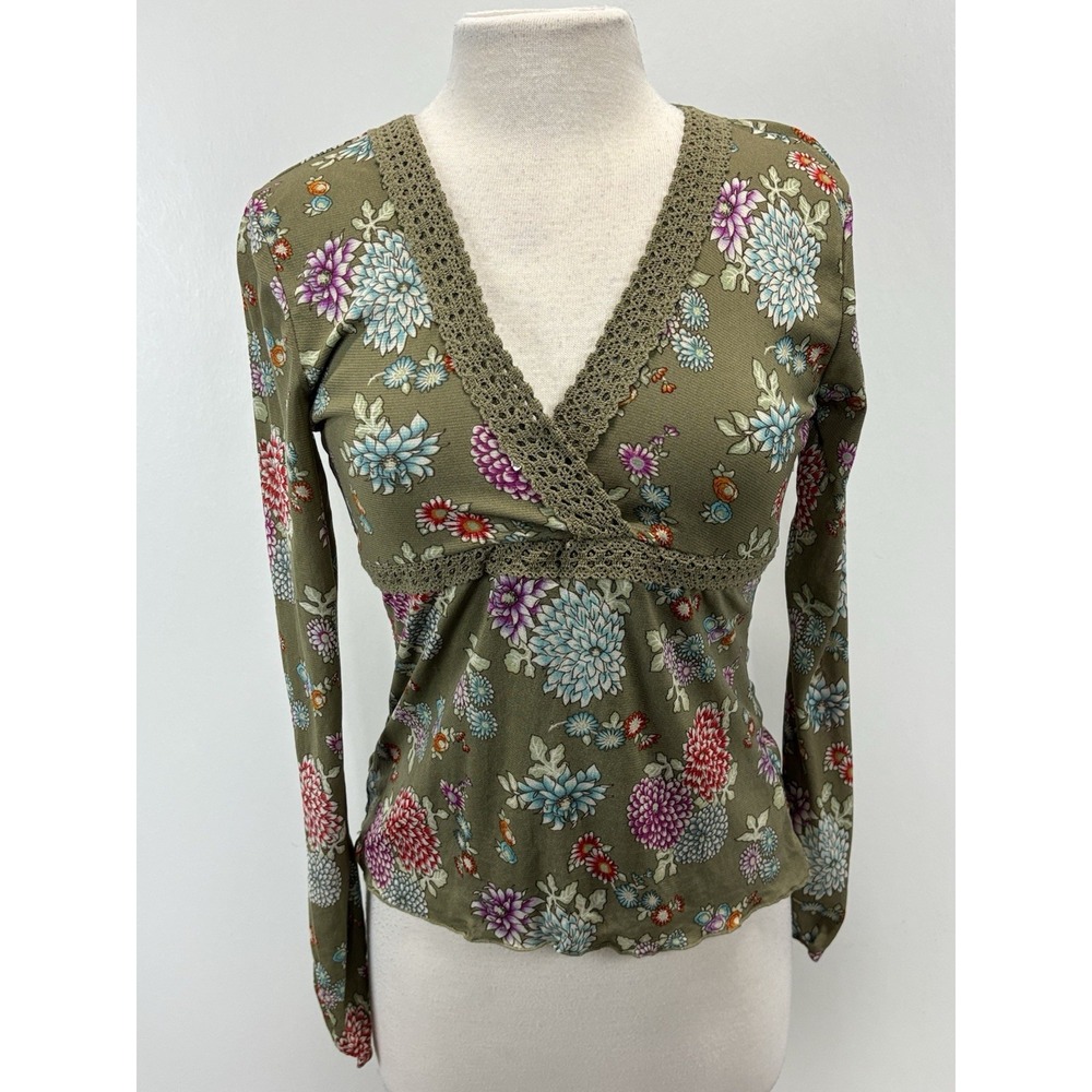 NEW! Vtg Old Navy Mesh Babydoll Top Shirt Medium Green Floral Y2K Forrest Fairy